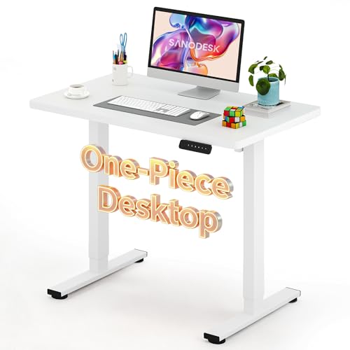 Image of SANODESK Electric Standing Desk 40 x 24 Inches Whole-Piece Desktop Height Adjustable Stand Up Desk w /6-Button Controller Ergonomic Computer Desk for Home Office, White Frame + White Tabletop