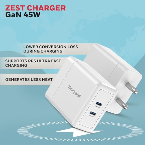Image of Honeywell Travel Essential Kit, 4-in-1 Charging Kit - Zest 45W GaN Charger, 1.8m Type-C to USB-C & Type-C to Lightning Cables, & 18W PD Smart Car Charger, Universal Compatibility