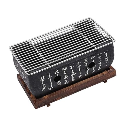 Japanese Hibachi Grill, Portable Tabletop Yakitori Charcoal Grill for Indoor Outdoor BBQ with Wooden Base & Cooking Grate 4.9x4.5x9.4in