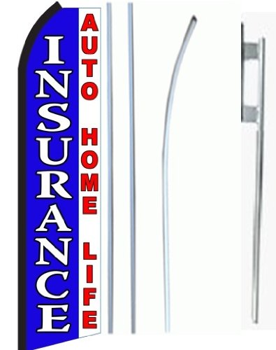 Insurance Auto Home Standard Size Swooper Feather Flag Sign with Full Assembly Pole and Ground Spike