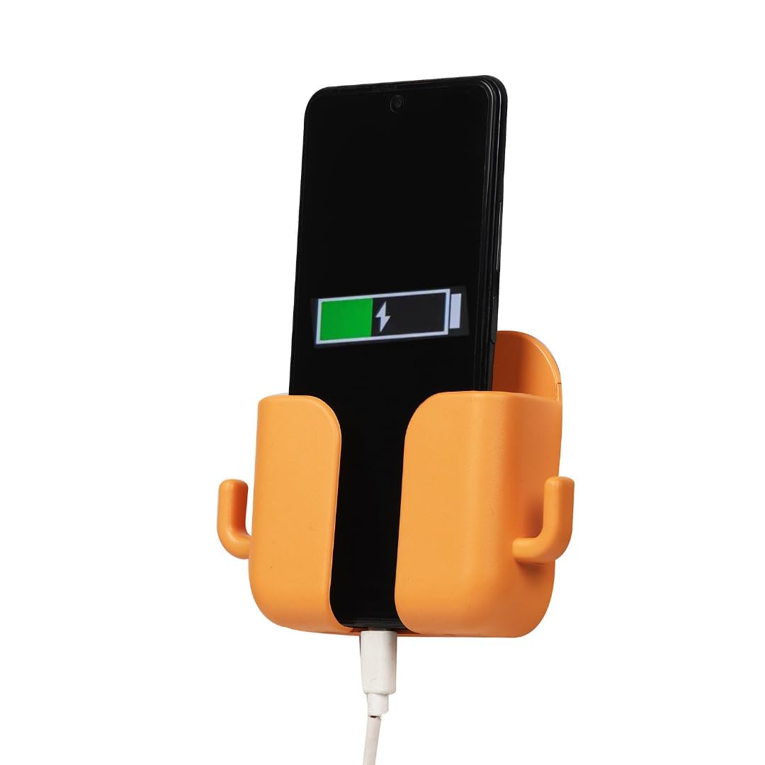Wall Mounted Mobile Charging Holder with Self-Adhesive Sticker | Phone Charging Stand & Remote Control Organizer | Multipurpose Wall Storage Rack for Bedroom, Living Room & Office (Orange pack Of 1)-picture-28
