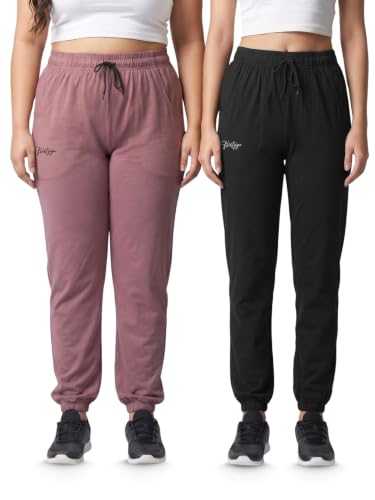 Image of Fflirtygo Cotton Solid Joggers /Track Pant /Solid Pajama /Leggings �100% Export Quality Soft Cotton Night Wear /Pocket Pyjama for Women Combo Pack of 2Pcs, Blue and Grey