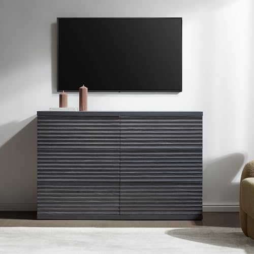 Image of SICOTAS Fluted Sideboard Buffet Cabinet with Storage, Modern Credenza Storage Cabinet with 3 Larger Drawers, 2-Piece Media Console Mid Century Coffee Bar Table for Entryway Kitchen, Dark Grey Alder
