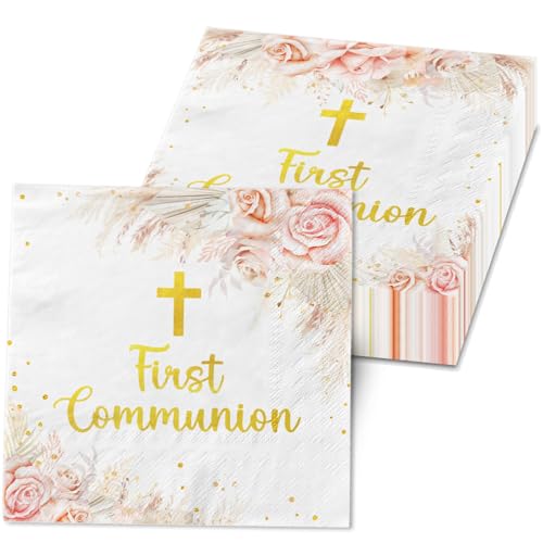 First Communion Napkins Decorations 40Pcs Gold Cross Communion Napkins God Bless Baptism Birthday Supplies Paper Napkins for Christening Celebration Baby Shower Communion Party Supplies