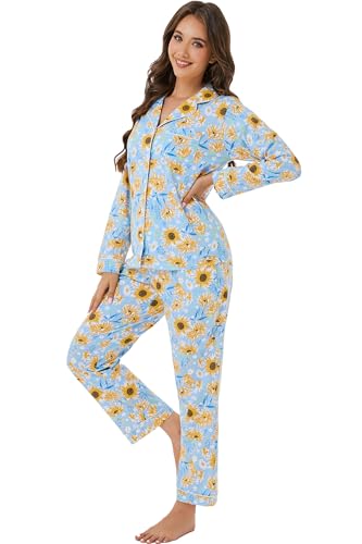 Image of LUBOT 100% Cotton Pajamas for Women Pajama Set Soft 2 Piece Sleepwear PJ Set Long Sleeve Knit Button Cozy Loungewear XS-XXL