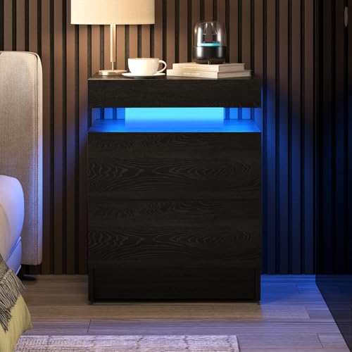SMORBOSS LED Nightstand Modern Black Night Stand End Tables with APP & Remote Control LED Lighting 2 Drawers Open Shelf Storage Bedside Tables for Bedroom & Living Room