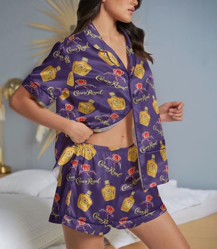 Image of HUNTFAMI Women Silky 2 Pcs Satin Pajama Set Long Sleeve Button Down | Satin pajama set; Short-sleeves in a coordinated 2-piece; funny printed; colourful style
