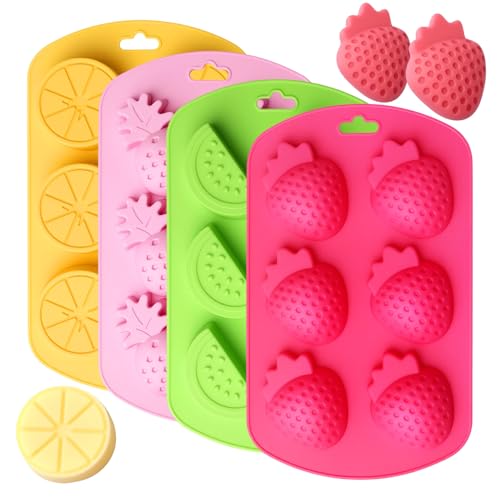 4-Pack Fruit Silicone Molds Set - Watermelon Strawberry/Lemon Pineapple Shapes Mold for Gummy Chocolate Jelly Ice Cubes - Reusable Candy & Cake Decor Baking Tools