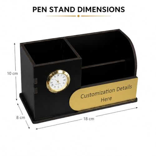 Image of Deskart Personalized Wooden Desk Organizer with Clock & Name Plate | Premium MDF Pen Stand, Mobile Holder, Visiting Card Holder & Office Table Organizer for Home and Office Desk
