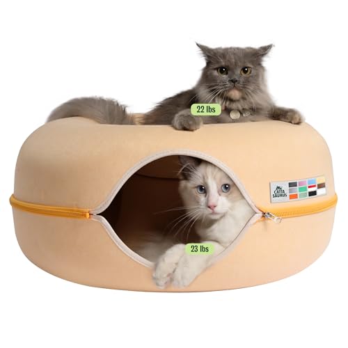 Cattasaurus Peekaboo Cat Cave Donut for Multiple & Large Cats up to 30-45 lbs 3-in-1 Self Warming Cat Bed Tunnel & Scratcher for Indoor Cats Washable & Detachable Dog Bed (Pastel Macaron Large)