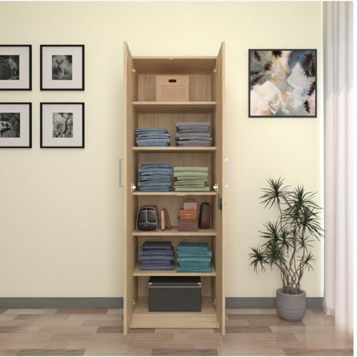 Image of Amazon Brand - Solimo Trelo 2 Door Wardrobe | 6 Shelves | 60L x 46.9W x 183.8H CM | Wood Oak Light Finish | DIY