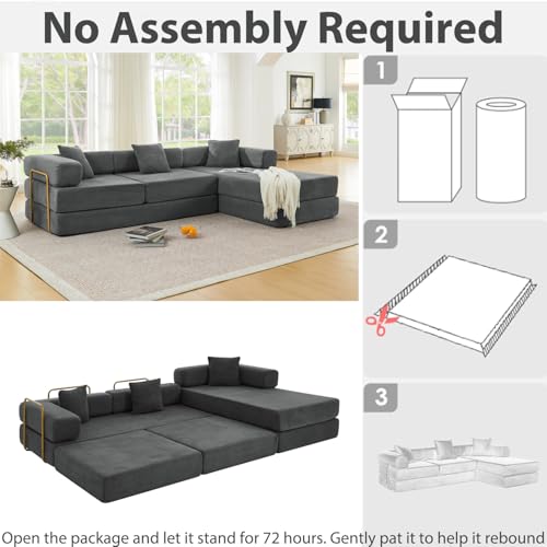 Image of HANXIN 108 inch Modular Sectional Sofa, Futon Convertible Sofa Bed,Oversized Corduroy Boneless Couch for Living Room,Floor Loveseat Sleeper with Pull Out Bed,Free Combination,No Assembly Required (Grey)