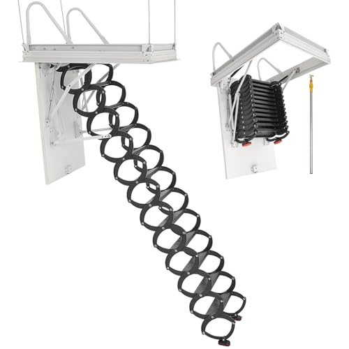 VEVOR Attic Ladder, 660LBS/299.4KG Capacity, Fits 9.5 to 10.2 ft Ceiling Height and 39.4 x 27.5 inch Opening Size, Alloy Steel Pull-Down Retractable Ceiling Stair with Pulling Rod for Attic Loft Roof