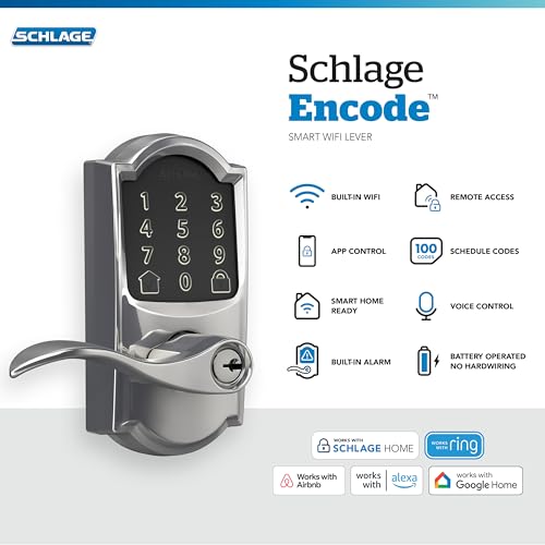 Image of Schlage Encode Smart WiFi Lock, Lever Handle, Century Trim, Bright Chrome | Keyless door lock with handle, Touchscreen keypad, App control, Alexa, Google, Ring & Airbnb compatible, Certified security