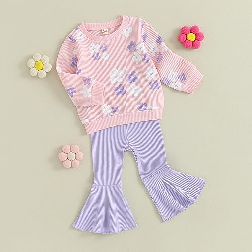 DSORVICD Toddler Girl Fall Clothes Floral Knit Crewneck Sweatshirts Flare Pants Set Bell-Bottoms Outfits3
