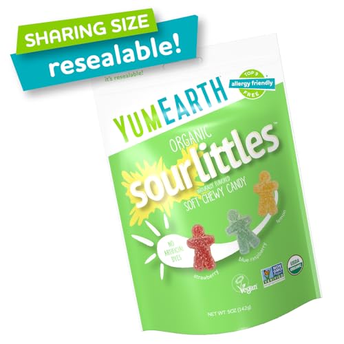 Image of YumEarth Organic Sour Littles Chewy Candy - Allergy Friendly (Top 9 Free), No Artificial Dyes, Non GMO, Gluten Free, Vegan Candy Snacks - 5 Ounce Bag (Pack of 2)