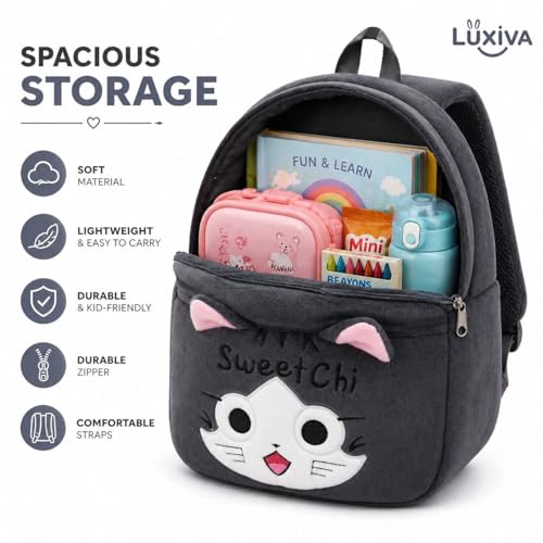 Image of Cartoon Plush Kids School Bag 2-6 Years | Soft Toy Backpack for Boys & Girls | Toddler Nursery Preschool Bag | Lightweight Adjustable Straps