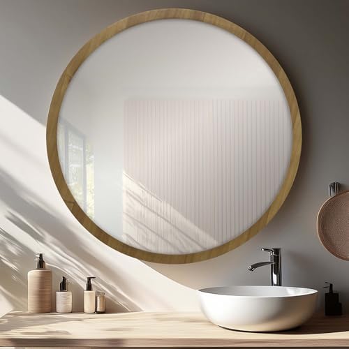 la fabrica del cuadro Espejo Redondo de Pared en Madera de Pino. Ancho de moldura 2.5 cm Acabado Artesanal - Espejo Decorativo para Salón, Recibidor, Vestidor, Dormitorio y Baño. (Roble, 70l x 70an)