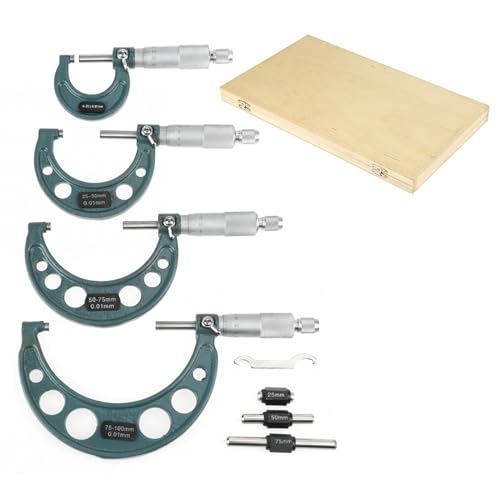 Juego de Micrómetros de Exteriores, 4Pcs Micrómetro Exterior Micro Calibradores Medición de Longitud, 0-100mm, 0-25mm, 25-50mm, 50-75mm, 75-100mm, para Talleres Mecánicos y Automóvil