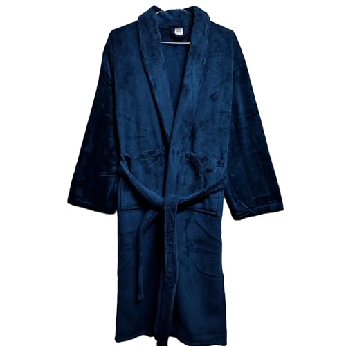 Image of Cotton Bolls Textiles Microfiber Fleece Bath Robe for Men | Shawl Collar With Long Sleeves| Lint Free | Anti-Bacterial | Super Soft Fabric (XL, Navy)