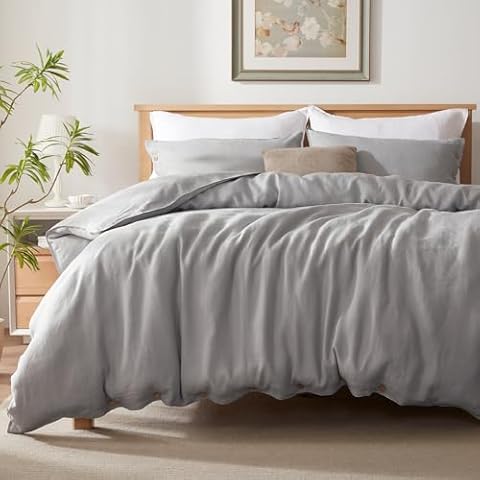 TOSMO 100% Linen Duvet Cover Set with Button Closure, 3 Pieces (1 Duvet Cover with 2 Pillowcases), Soft Breathable Durable Farmhouse Bedding - King, Soft Grey Cover