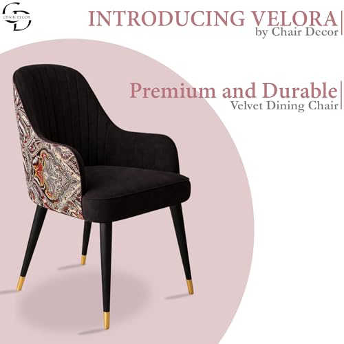 Image of Velvet Accent Chair | Modern Upholstered Dining Chair for Living Room, Office, Lounge & Vanity | Sturdy & Stylish Armchair (Floral, Black)