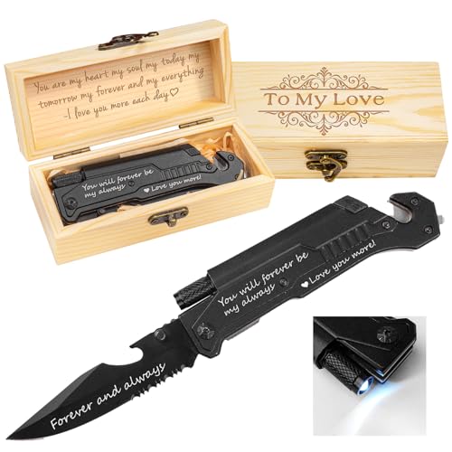 Fanfoobi Husband Boyfriend Birthday Present Pocket Knife with Box with 6 Functions LED Light Fire Starter Bottle Opener Seat Belt Cutter Glass Breaker Gift for Men Anniversary Fathers Day