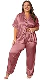 Vozanet Women's Button Down Satin Pajama Sets Silky Short Sleeve Top & Pants Plus Size Loungewear Classic Sleepwear XL to 5XL, Rust Red, 5X-Large