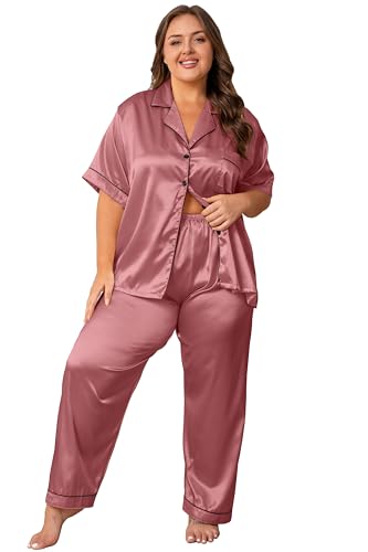 Image of Vozanet Women's Button Down Satin Pajama Sets Silky Short Sleeve Top & Pants Plus Size Loungewear Classic Sleepwear XL to 5XL