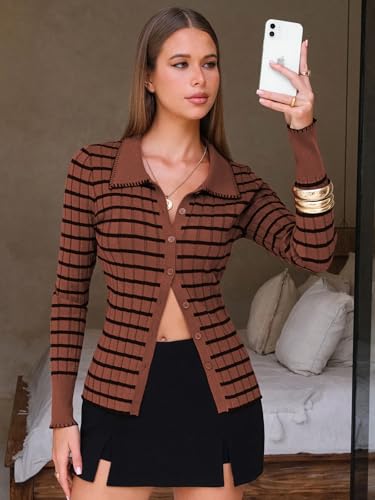 EXLURA Womens Fall Striped Cardigan Sweaters Long Sleeve Button Up Polo Collar Sweater Slim Knit Lightweight Trendy Tops 20254