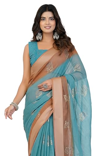 Image of MIRCHI FASHION Women Saree Cotton Blend 2-Tone Foil Print | Lightweight Comfortable Office Wear Sari with Blouse Piece