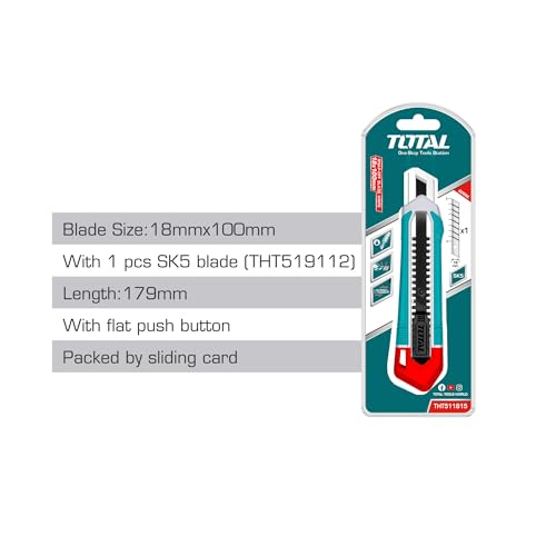 Image of TOTAL 18mm Cutter Knife with Snap-Off SK4 Blade, Heavy Duty Box Cutter, Flat Push Button Lock, 179mm Paper Cutter for Office, Carton, Packaging & DIY Use