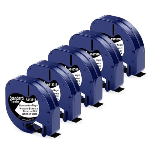 �u���b�N���x�����[�J�[�e�[�v12mmx4m LT100T LT100H LT200 White on Black Plastic Refill Tape for Labeling�ƌ݊���(5pack White on Black)