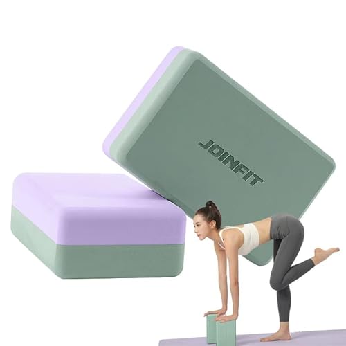 IWORKOUT Yoga Blocks 2 Pack, High Density 23 x 15 x 8 cm , EVA Yoga Bricks (Set of 2 ), Lightweight Fitness Foam Bricks, Anti-Slip,Soft, for Yoga,Pilates,Gym Practice,Flexibility,Backbends,Improve Balance (Light Green + Purple, 2 PCS)