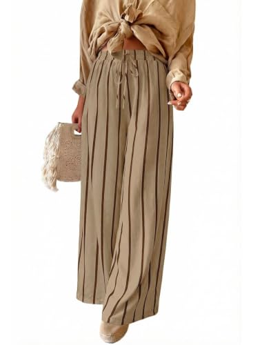 Image of Acelitt Women Casual Beige Striped Drawstring High Waist Wide Leg Pants XL
