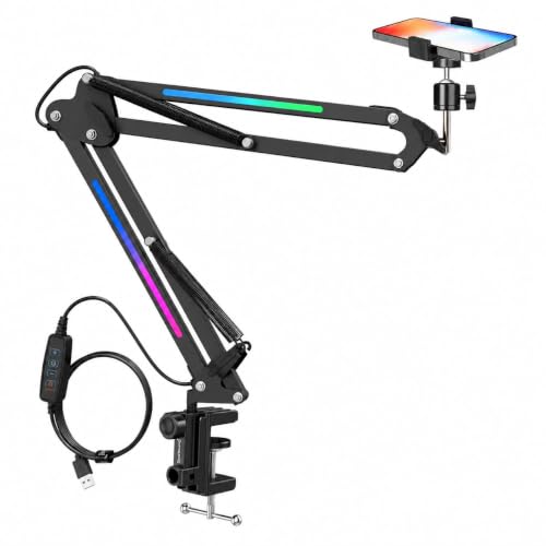 Image of RGB Cell Phone Holder Arm Stand, Adjustable Desk Mount with 360 Rotating Phone Clamp, RGB Lighting & Flexible Boom Arm for Gaming, Streaming, Video Calls & Content Creation