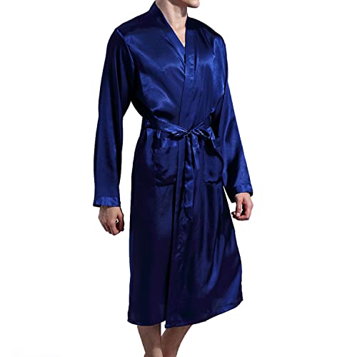 Previn Men's Silk Robe Satin Kimono Robe Long Spa Bathrobes Luxurious Long Sleeve Bath Robe Loungewear Sleepwear With Pockets Blue 2Xl #TOP2