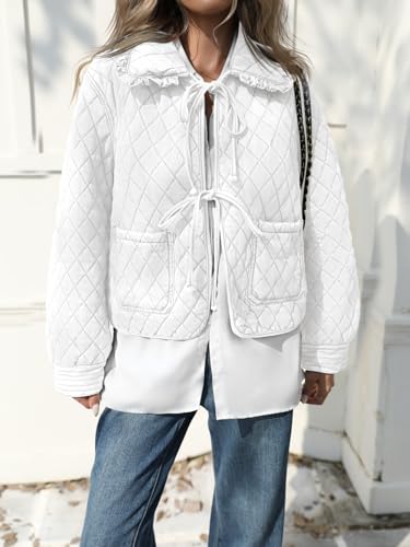 Image of Tankaneo Womens Quilted Denim Puffer Jackets Tie Front Bow Cropped Puffy Jackets Fall Cute Short Jeans Coat