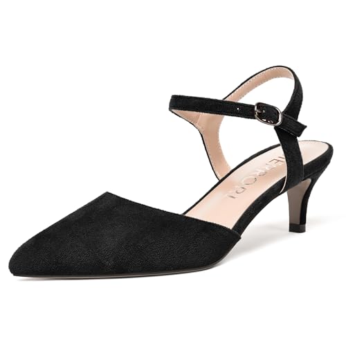 MERRORI Womens Ankle Strap Dress Dating Suede Buckle Pointed Toe Kitten Low Heel Pumps Shoes 2 Inch