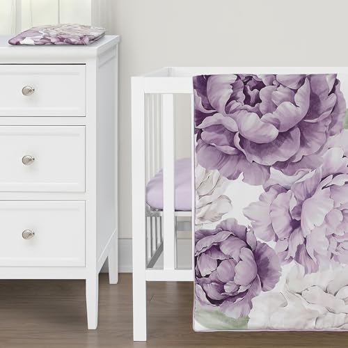 Image of Sweet Jojo Designs Lavender Purple Boho Shabby Chic Floral Girl Baby Mini Crib Bedding Set Infant Nursery Room Newborn Blanket Portable Pack n Play Sheets 3pc Ivory Bohemian Vintage Garden Watercolor