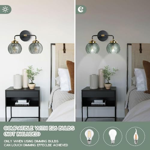 Image of Glass Wall Sconce 2 Light Bathroom Vanity Light Green Globe Wall Lamp with Ribbed Glass Shade Mid Century Modern Wall Sconces Black Gold Vanity Light for Over Mirror Bedroom Hallway