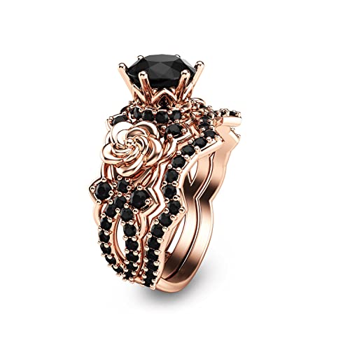 3.2 Ct Round Cut Onyx Black Diamonds Flower Design Bridal Wedding Ring Set, 925 Sterling Silver Rhodium Plated