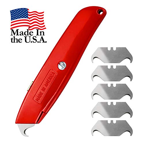 Hook Blade Utility Knife with 5 Utility Hook Blades, Heavy-Duty Retractable Razor Knife