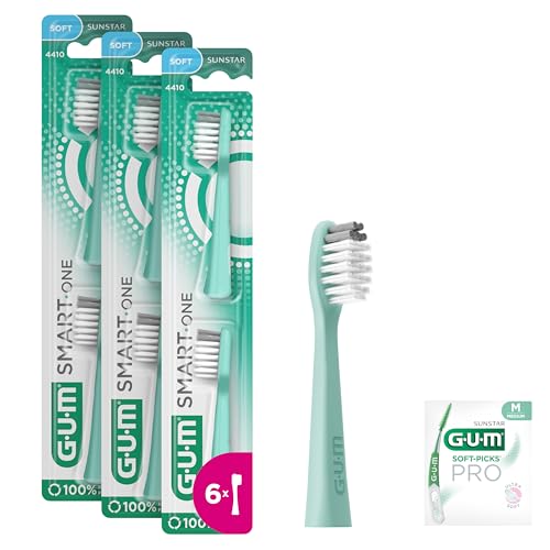 Testine di ricambio GUM SMART ONE | compatibili con lo spazzolino elettrico GUM SMART ONE | poils indicatori | 6x testine | 1 campione di SOFT-PICKS PRO taglia M | Menta
