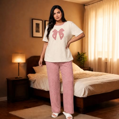 Image of Emilaura Womens Plus Size Pajama Set 2 Piece Short Sleeve with Long Pant Sleepwear Soft & Cozy Bow Loungewear (XL to 5X)
