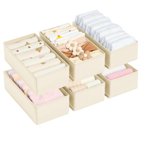 Image of DIMJ Drawer Organizer Clothes - Underwear Organizer Small Sock Organizer Closet Organizers and Storage Box Dresser Drawer Dividers for Baby Clothes,Bra,Socks, Belt, Tie, Set of 6,Beige