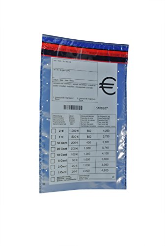 100 x Münzgeldtaschen: ca.: 220 x 370 mm transparent Druck: Stückelung Sicherheitstaschen Safebag
