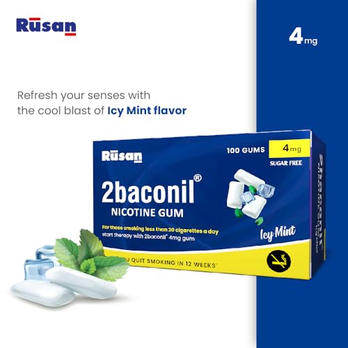 Image of Rusan 2baconil 4mg 100 Nicotine Gums | Icy Mint Flavor | Sugar-Free | Quit Smoking & Chewing Tobacco /Gutkha | Nicotine Replacement Therapy | Reduces Cravings & Withdrawal Symptoms