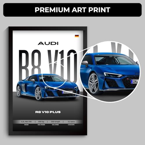 Image of Audi R8 Poster | Framed A4 Sized (31 x 23 cm) | Car Posters for Wall, Gift for Boys | Supercar Frames | Audi Poster R8 V10 Plus Sportscar Frame | Car Posters for Wall, Bedroom, Hostel, Study Room (F 126)