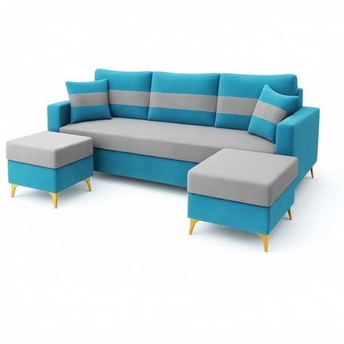 Image of SOCOZI Bastian 5 Seater L Shape Sofa Set with 2 Movable Ottomans | Flexible Layout | Soft Velvet Suede Fabric|Modern Sofa | Plush Comfort Cushions for Living Room (Teal Blue-Light Grey) | Breathable Material
